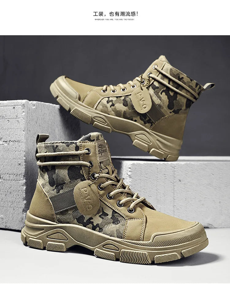 Men’s Casual Outdoor Desert Boots – Camouflage Lace-Up Platform Shoes