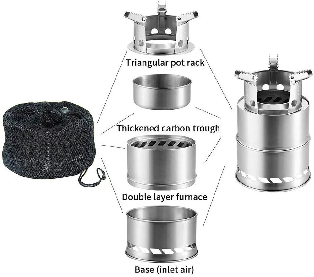 Portable Outdoor Camping Stove Wood Burning Mini Lightweight Stainless Steel  Stove Picnic BBQ Cooker Travel Adventure Tools