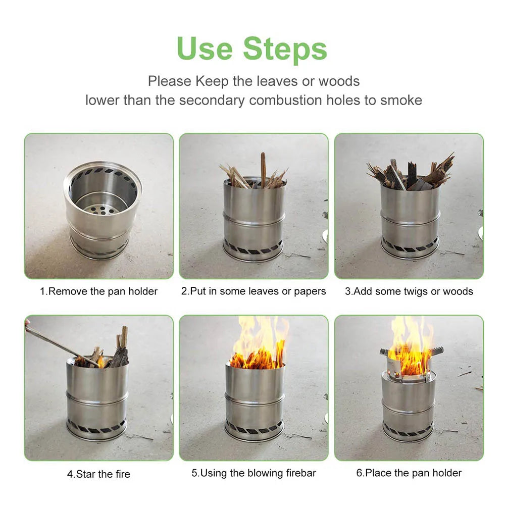 Portable Outdoor Camping Stove Wood Burning Mini Lightweight Stainless Steel  Stove Picnic BBQ Cooker Travel Adventure Tools
