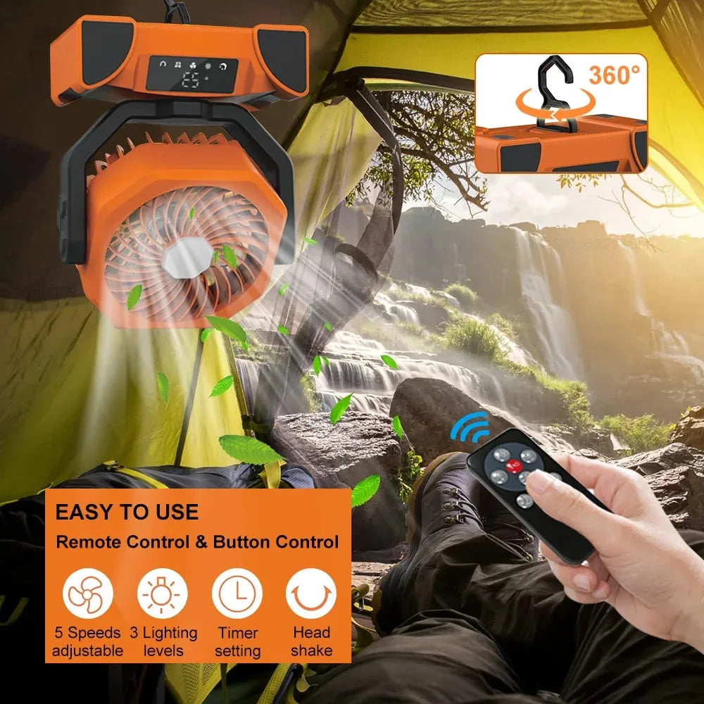 Camping Fan, 20000mAh Portable with Three Brightness Levels, Remote Control and Hanging Hook for Reading, Fishing and Travelling
