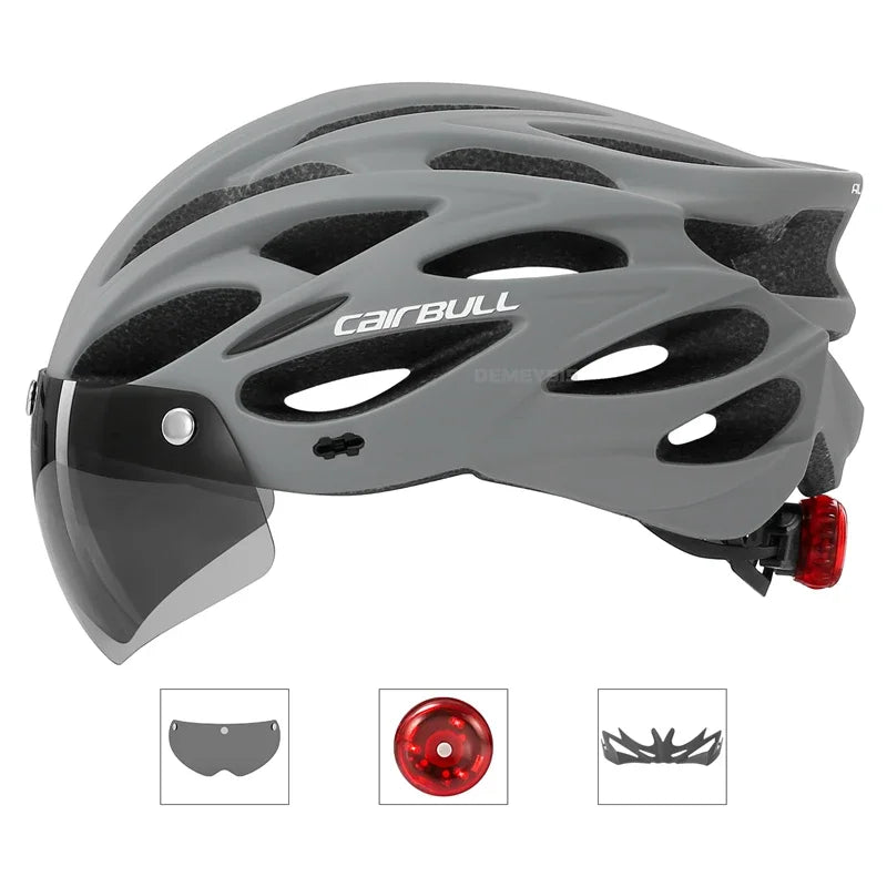 Integrated Mountain Bike Helmet with Removable Goggles, Visor & Taillight