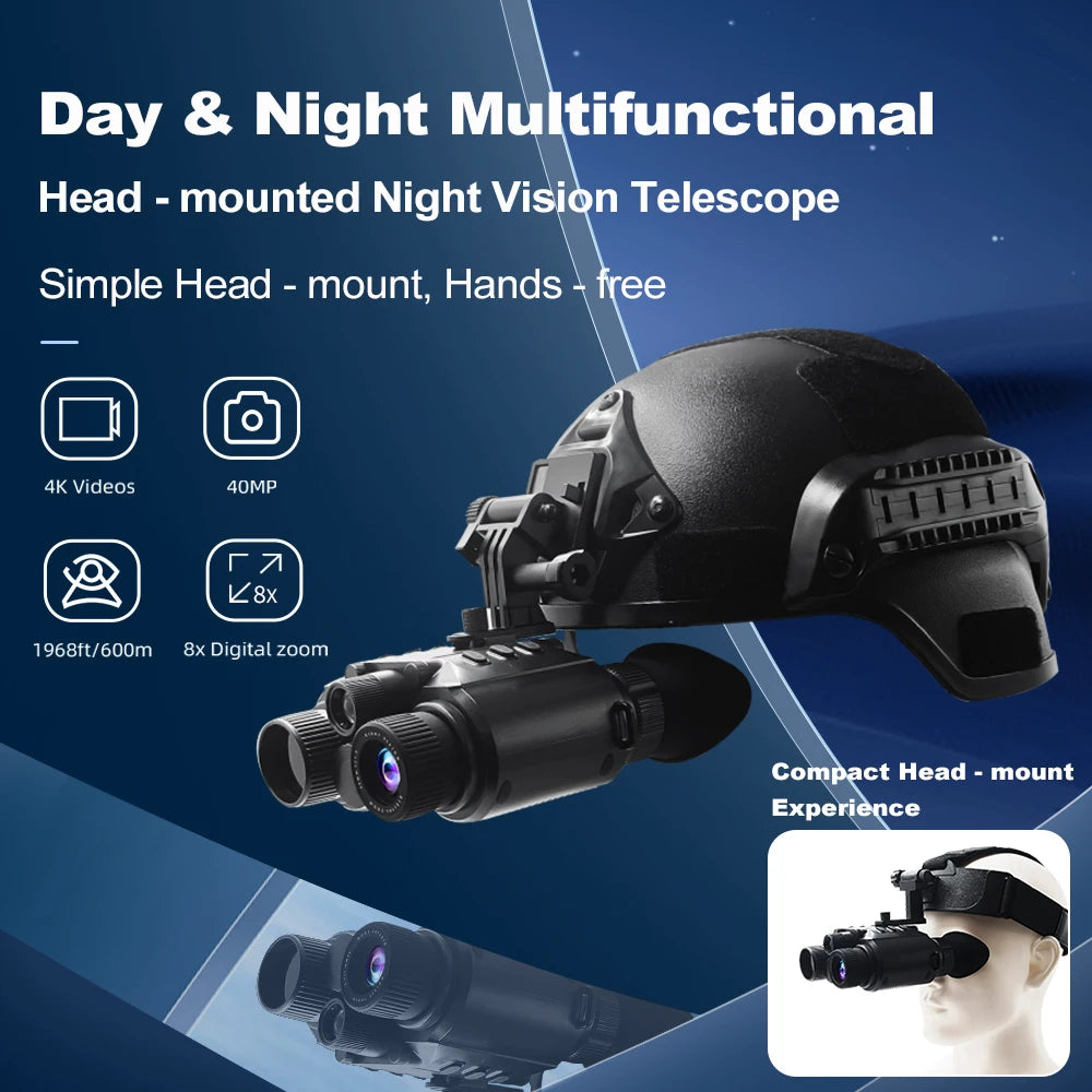 4K Night Vision Binoculars Goggles Head Mounted 8x Digital Zoom Telescope Infrared Tactical Flashlight Helmet Camping Hunting