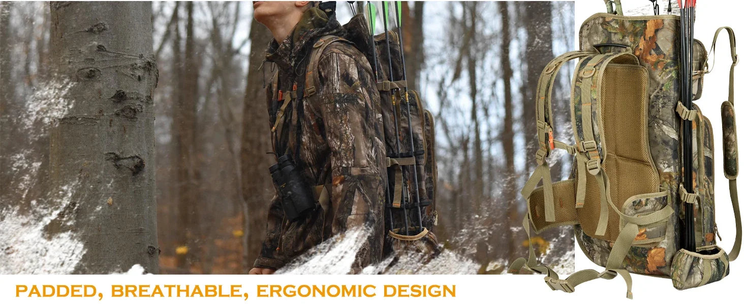 Bow Hunting Backpack for Men, Camo Compound Bag & Tree Saddle Back Pack with Bow Holder, for Elk Turkey Bear Deer