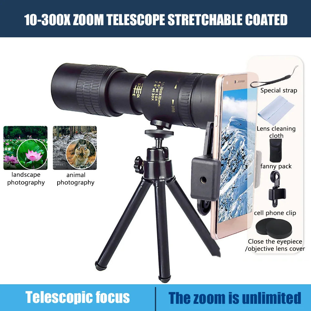 Military Metal 10-300x40 Zoom Len Spin Monoculars Professional Long Range Telescope Mobile Phone Photo Binoculars for Hunting