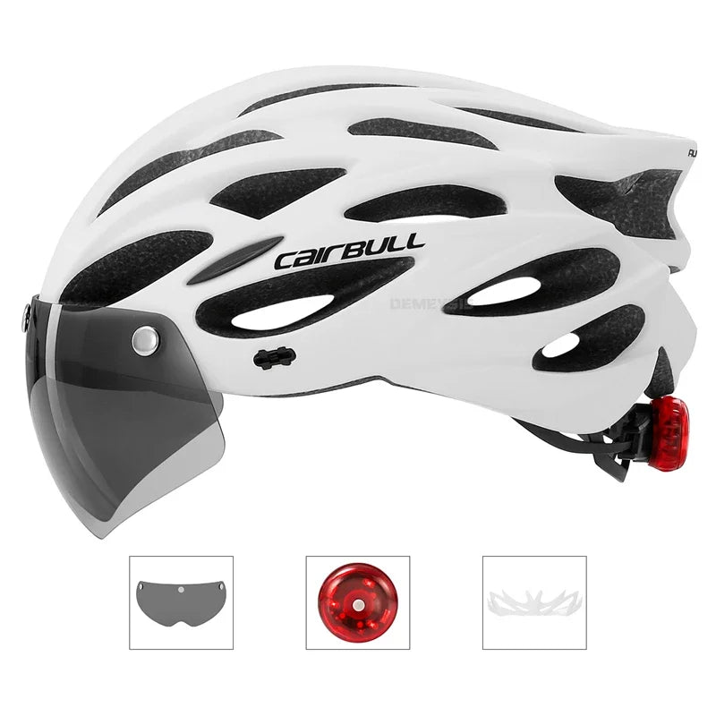 Integrated Mountain Bike Helmet with Removable Goggles, Visor & Taillight