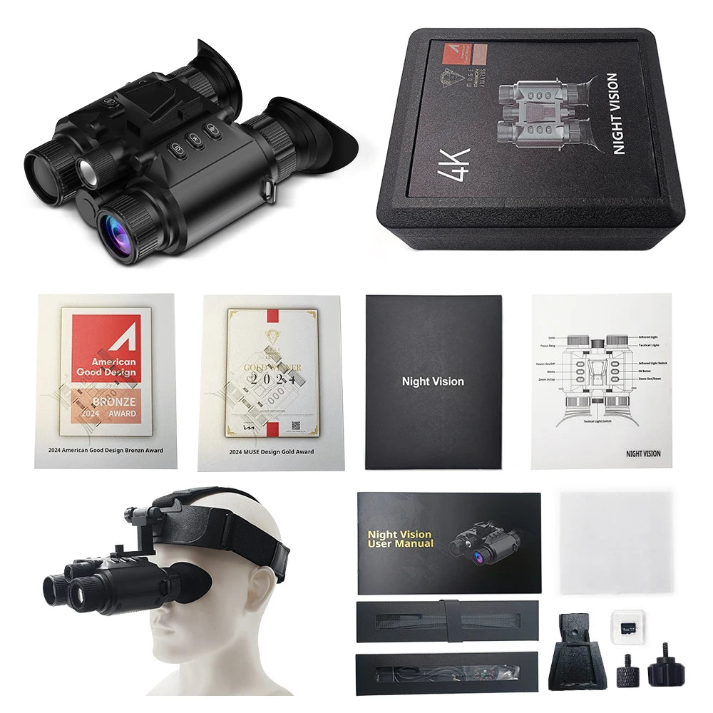 4K Night Vision Binoculars Goggles Head Mounted 8x Digital Zoom Telescope Infrared Tactical Flashlight Helmet Camping Hunting