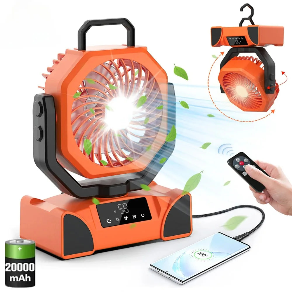 Camping Fan, 20000mAh Portable with Three Brightness Levels, Remote Control and Hanging Hook for Reading, Fishing and Travelling