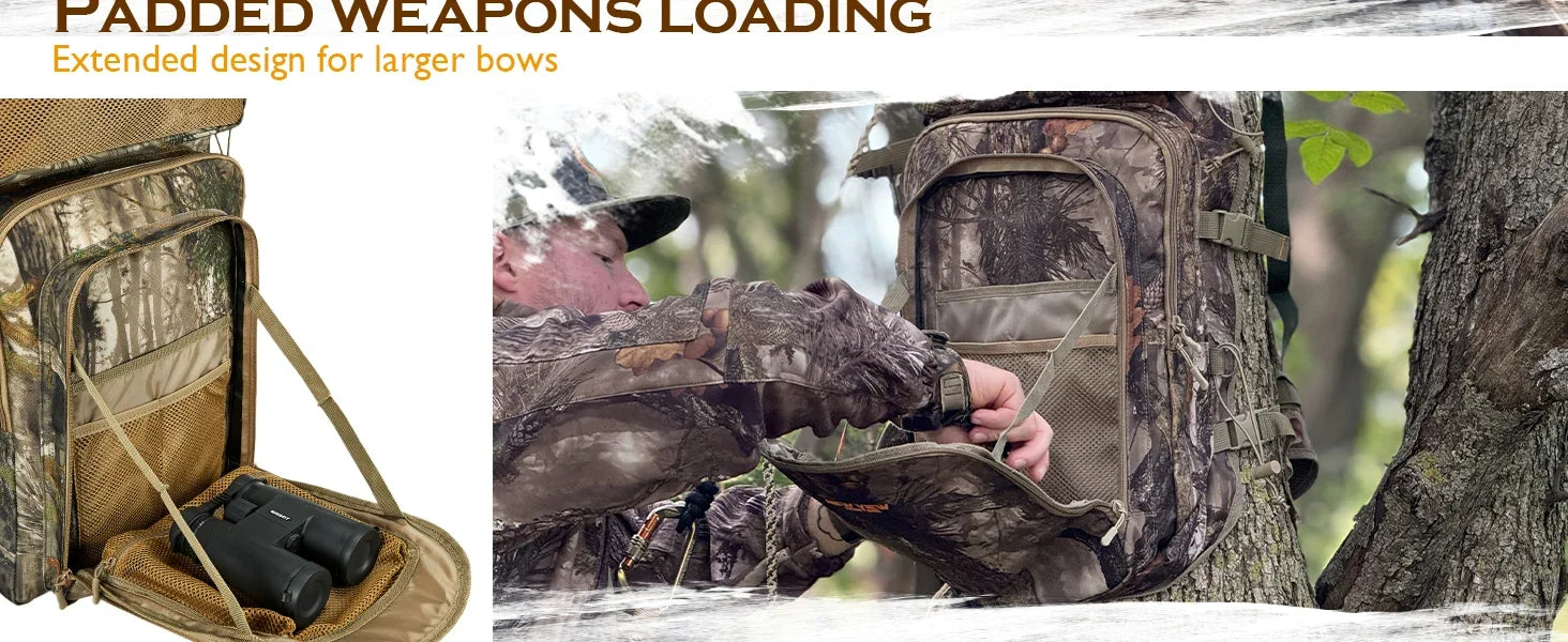 Bow Hunting Backpack for Men, Camo Compound Bag & Tree Saddle Back Pack with Bow Holder, for Elk Turkey Bear Deer