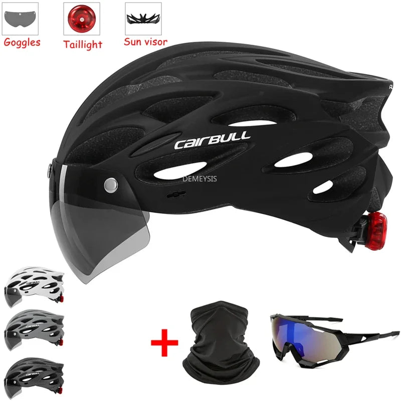 Integrated Mountain Bike Helmet with Removable Goggles, Visor & Taillight