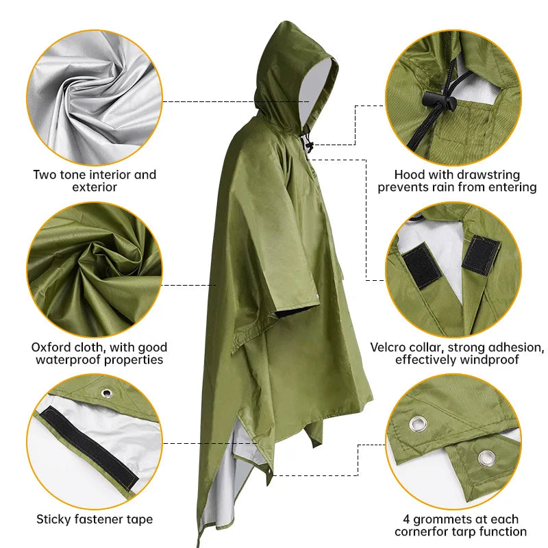 3-in-1 Multifunctional Raincoat – Waterproof Poncho, Jacket & Tent Mat