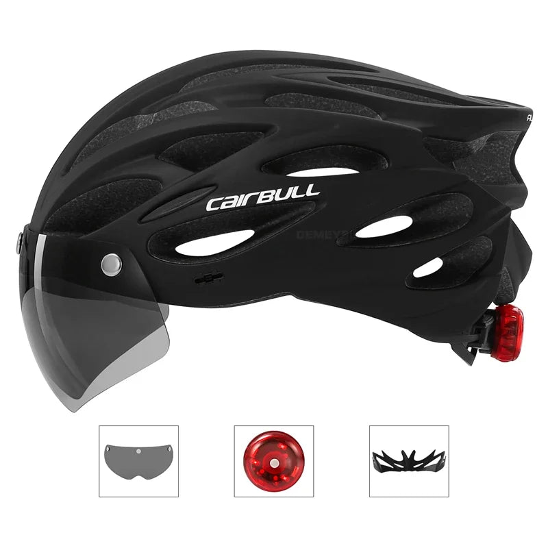 Integrated Mountain Bike Helmet with Removable Goggles, Visor & Taillight