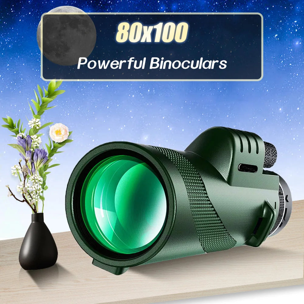 80x100 HD ZOOM Powerful Monocular Telescope Portable Binoculars Long Range Telescope Hunting Camping With Tripod Phone Clip