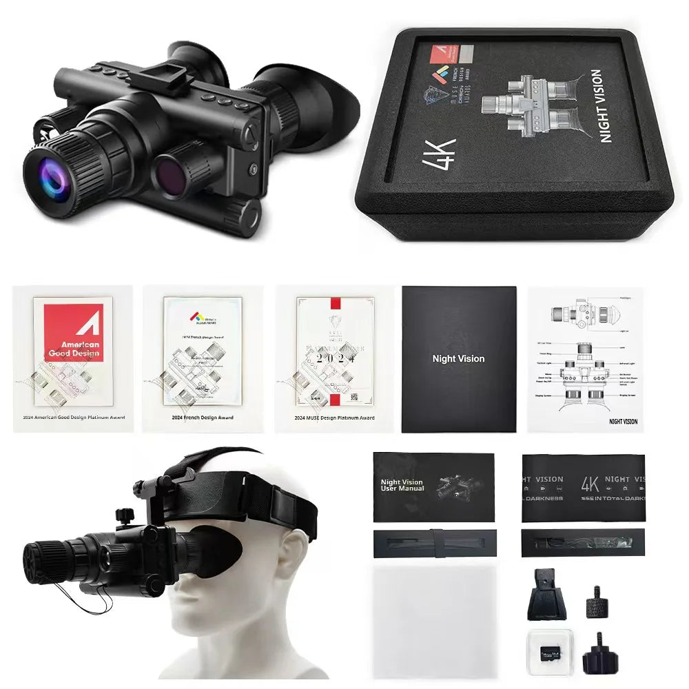 4K Night Vision Binoculars Goggles Head Mounted 8x Digital Zoom Telescope Infrared Tactical Flashlight Helmet Camping Hunting