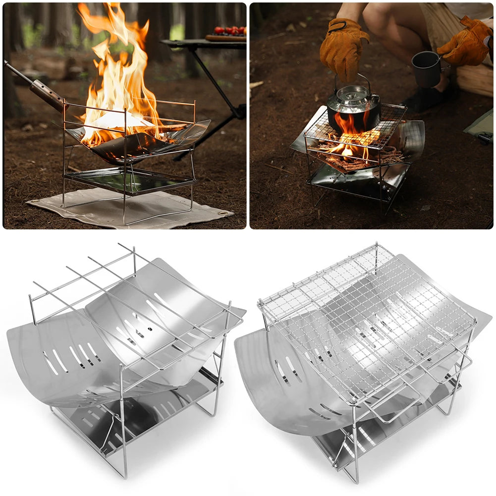 Camping BBQ Grill Portable Camping Fire Grill Folding Outdoor Wood Burner Stainless Steel Campfire Stove for Outdoor Backyards