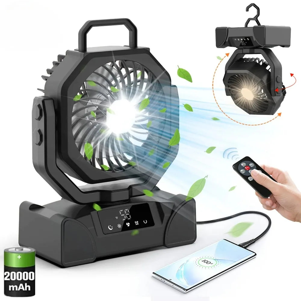 Camping Fan, 20000mAh Portable with Three Brightness Levels, Remote Control and Hanging Hook for Reading, Fishing and Travelling
