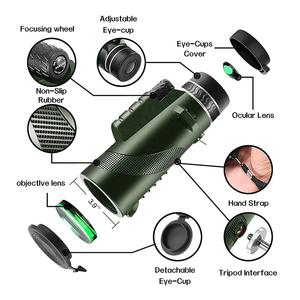 80x100 HD ZOOM Powerful Monocular Telescope Portable Binoculars Long Range Telescope Hunting Camping With Tripod Phone Clip