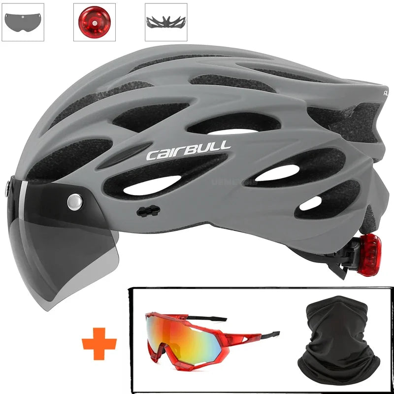 Integrated Mountain Bike Helmet with Removable Goggles, Visor & Taillight