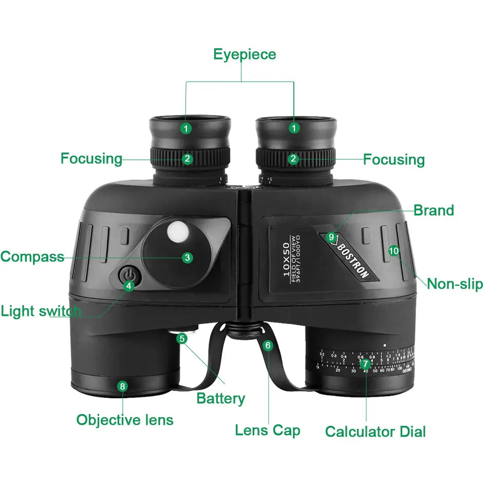 Binoculars 10x50 Marine Military Telescope Adults Waterproof With Rangefinder Compass BAK4 Prism HD Bird Watching For Hunting