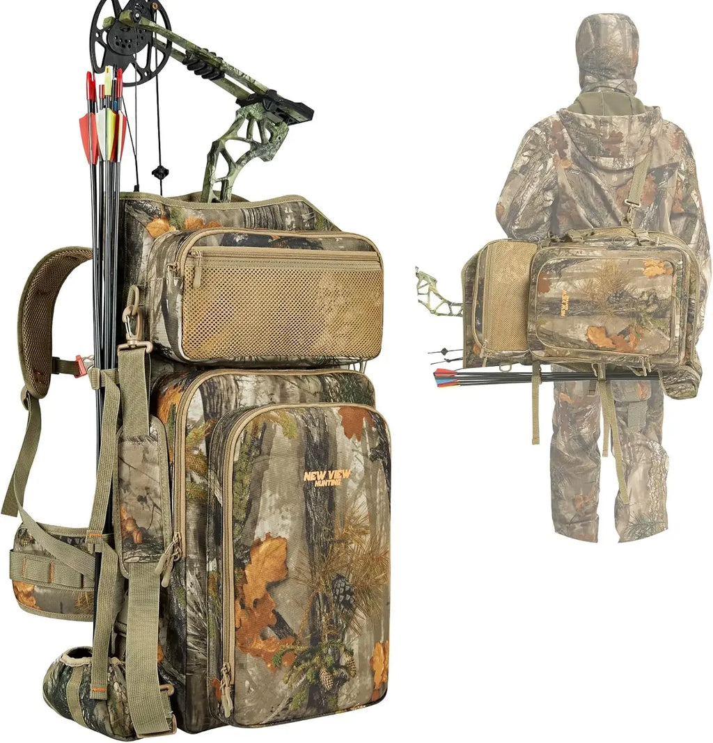 Bow Hunting Backpack for Men, Camo Compound Bag & Tree Saddle Back Pack with Bow Holder, for Elk Turkey Bear Deer