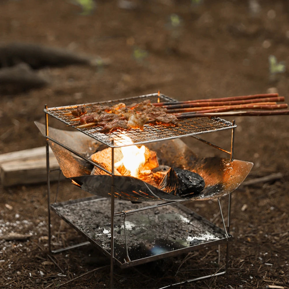 Camping BBQ Grill Portable Camping Fire Grill Folding Outdoor Wood Burner Stainless Steel Campfire Stove for Outdoor Backyards