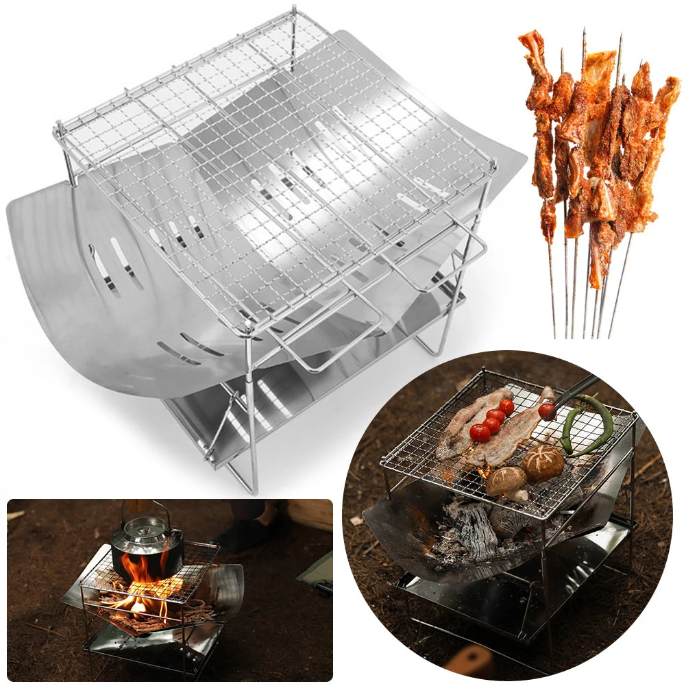 Camping BBQ Grill Portable Camping Fire Grill Folding Outdoor Wood Burner Stainless Steel Campfire Stove for Outdoor Backyards