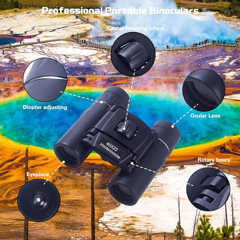 40x22 HD Powerful Binoculars 2000M Long Range Folding Mini Telescope BAK4 FMC Optics For Hunting Sports Outdoor Camping Travel