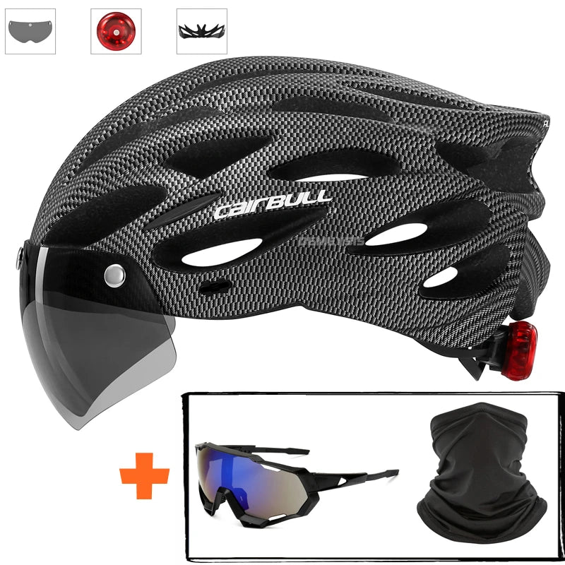 Integrated Mountain Bike Helmet with Removable Goggles, Visor & Taillight