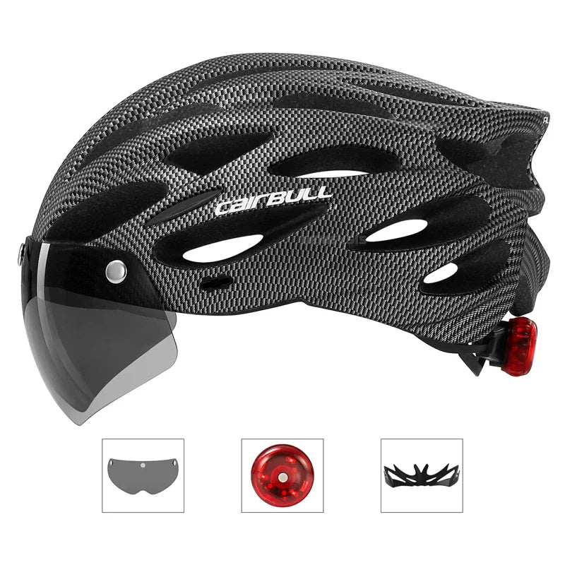 Integrated Mountain Bike Helmet with Removable Goggles, Visor & Taillight