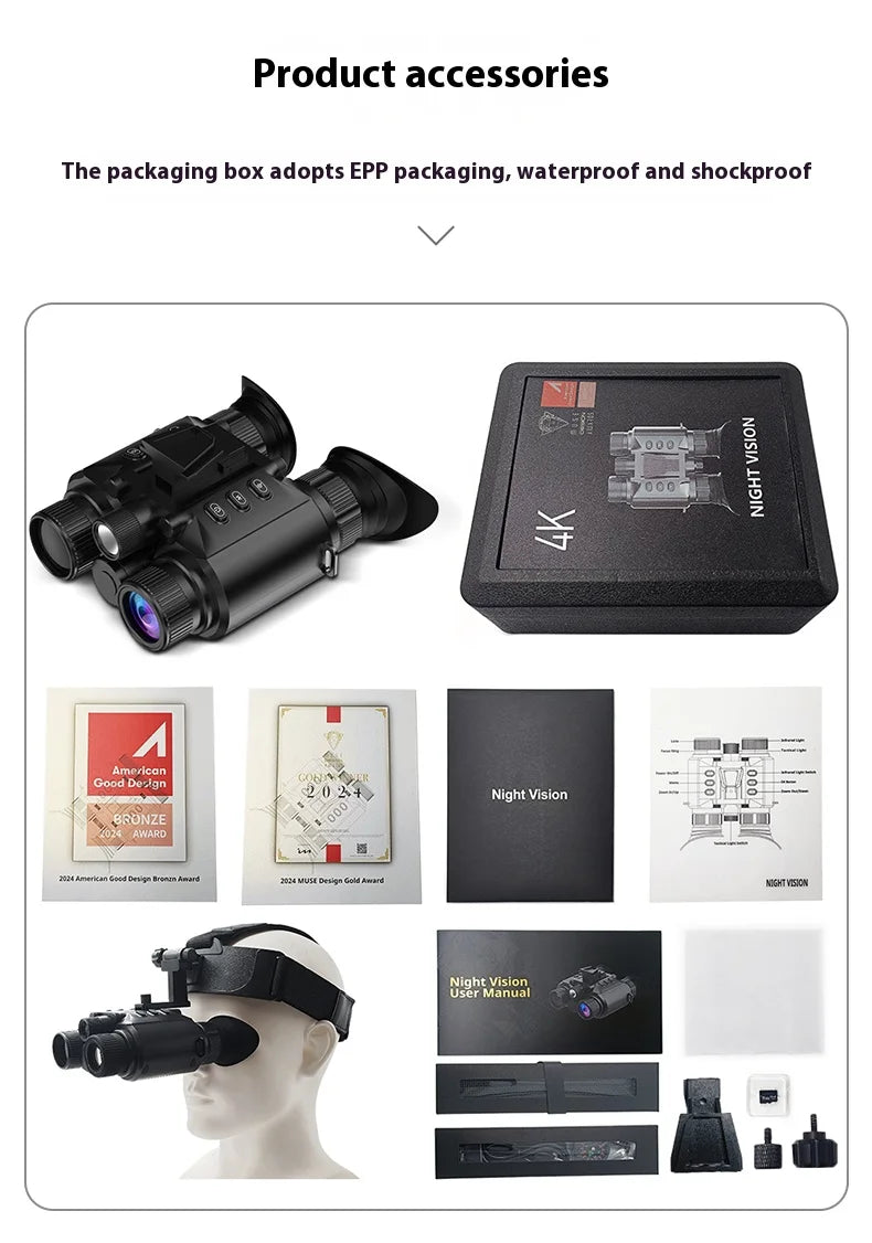 4K Night Vision Binoculars Goggles Head Mounted 8x Digital Zoom Telescope Infrared Tactical Flashlight Helmet Camping Hunting
