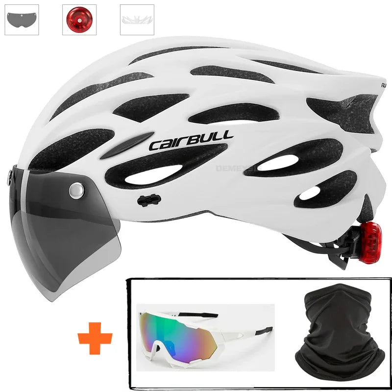 Integrated Mountain Bike Helmet with Removable Goggles, Visor & Taillight