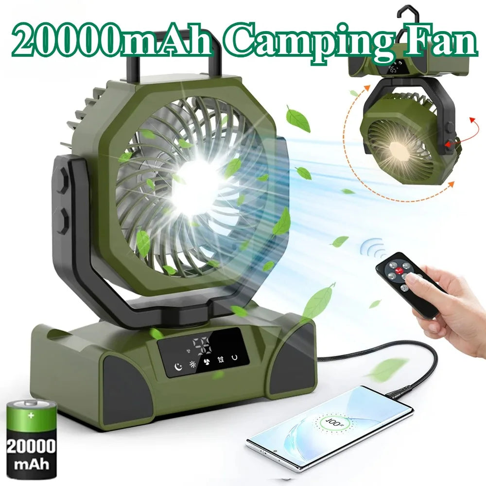 Camping Fan, 20000mAh Portable with Three Brightness Levels, Remote Control and Hanging Hook for Reading, Fishing and Travelling