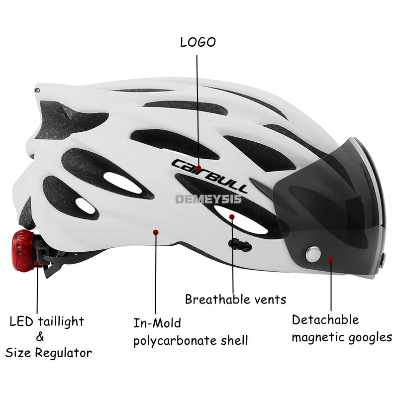 Integrated Mountain Bike Helmet with Removable Goggles, Visor & Taillight