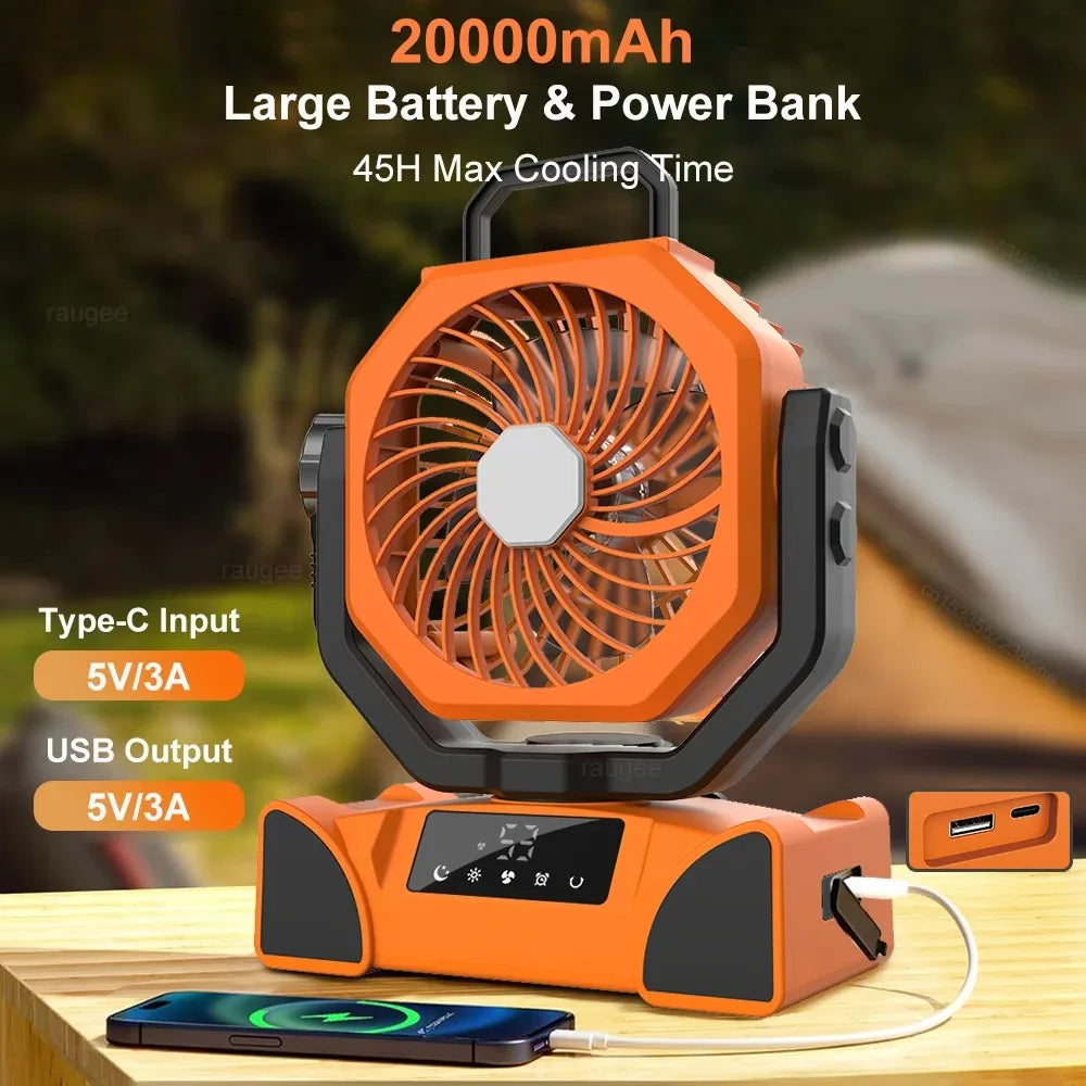 Camping Fan, 20000mAh Portable with Three Brightness Levels, Remote Control and Hanging Hook for Reading, Fishing and Travelling