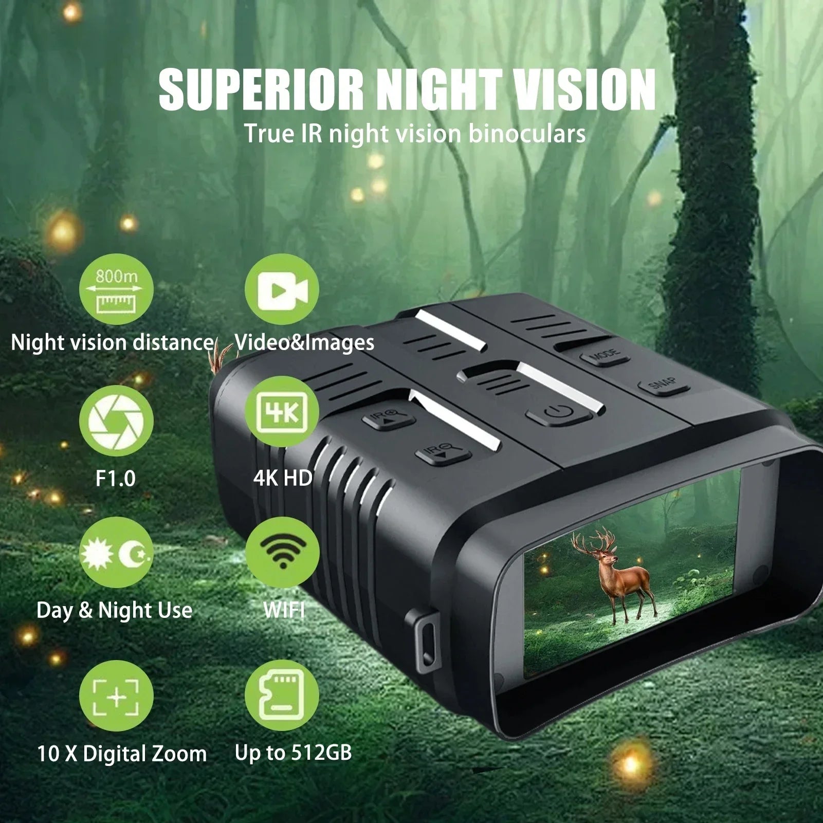 4K Night Vision Binoculars – 10x Digital Zoom 800m Range 8W Infrared WiFi Telescope for Hunting & Camping with Video Recording