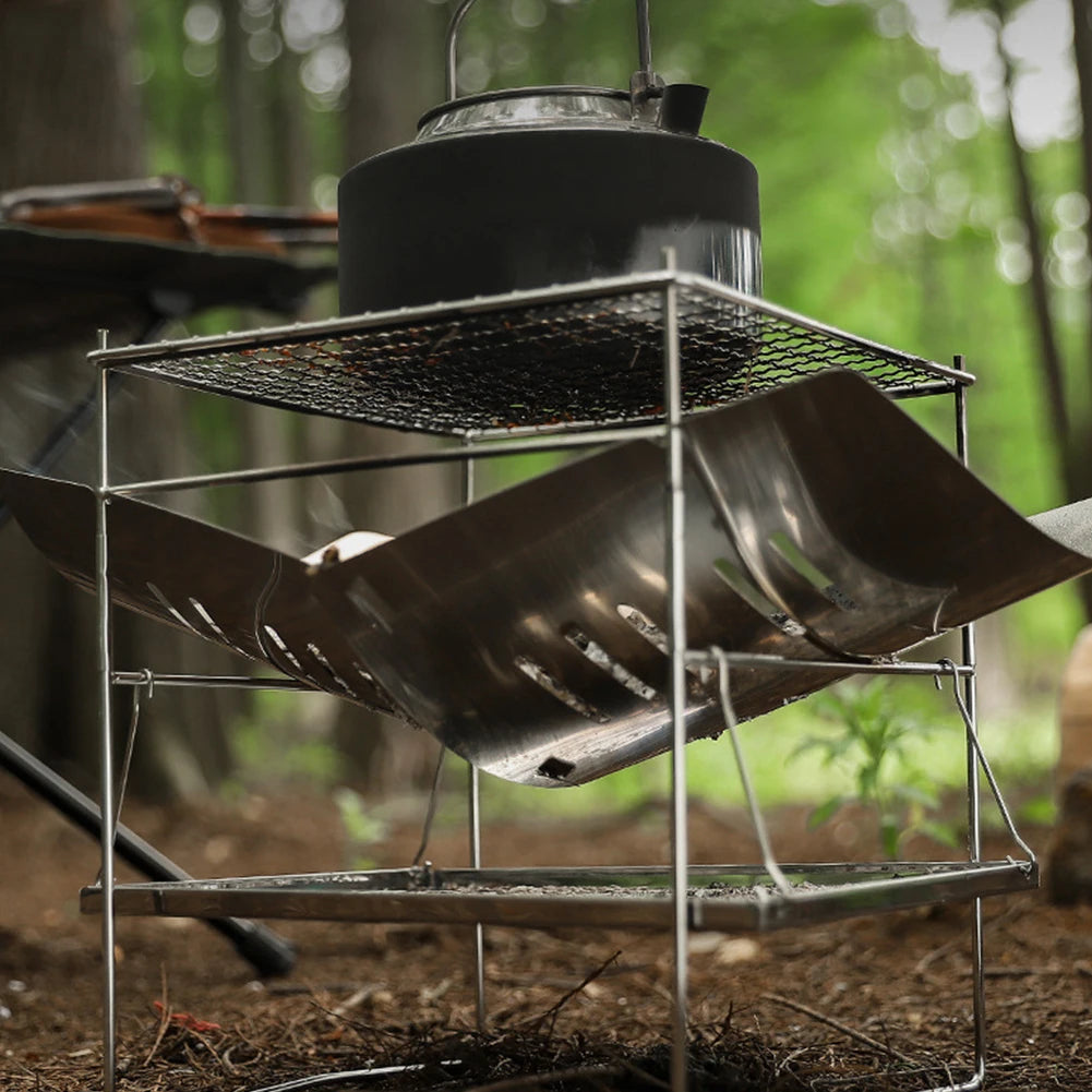 Camping BBQ Grill Portable Camping Fire Grill Folding Outdoor Wood Burner Stainless Steel Campfire Stove for Outdoor Backyards