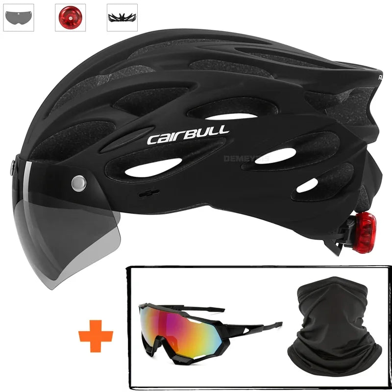 Integrated Mountain Bike Helmet with Removable Goggles, Visor & Taillight