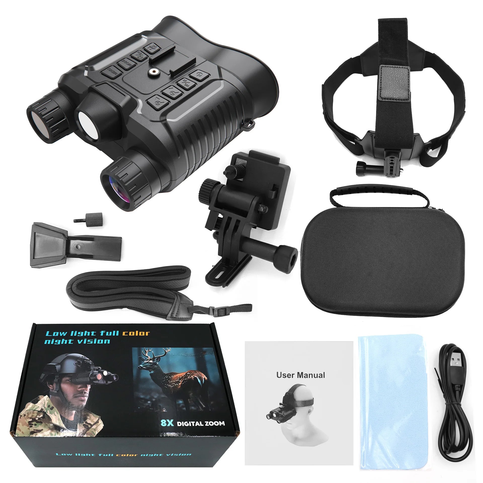 4K Night Vision Binoculars Goggles Head Mounted 8x Digital Zoom Telescope Infrared Tactical Flashlight Helmet Camping Hunting