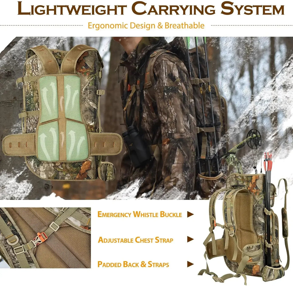 Bow Hunting Backpack for Men, Camo Compound Bag & Tree Saddle Back Pack with Bow Holder, for Elk Turkey Bear Deer