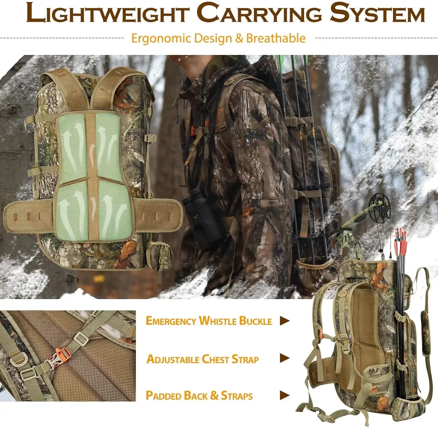 Bow Hunting Backpack for Men, Camo Compound Bag & Tree Saddle Back Pack with Bow Holder, for Elk Turkey Bear Deer