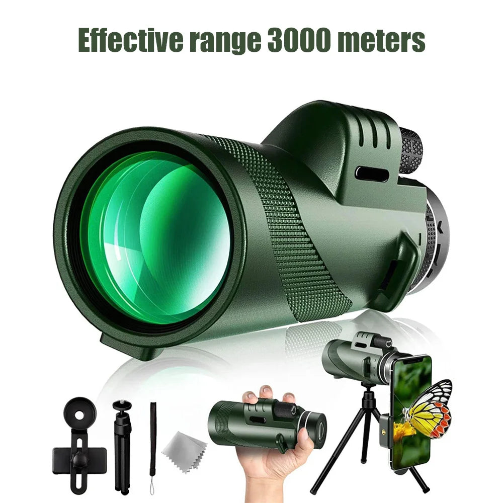80x100 HD ZOOM Powerful Monocular Telescope Portable Binoculars Long Range Telescope Hunting Camping With Tripod Phone Clip